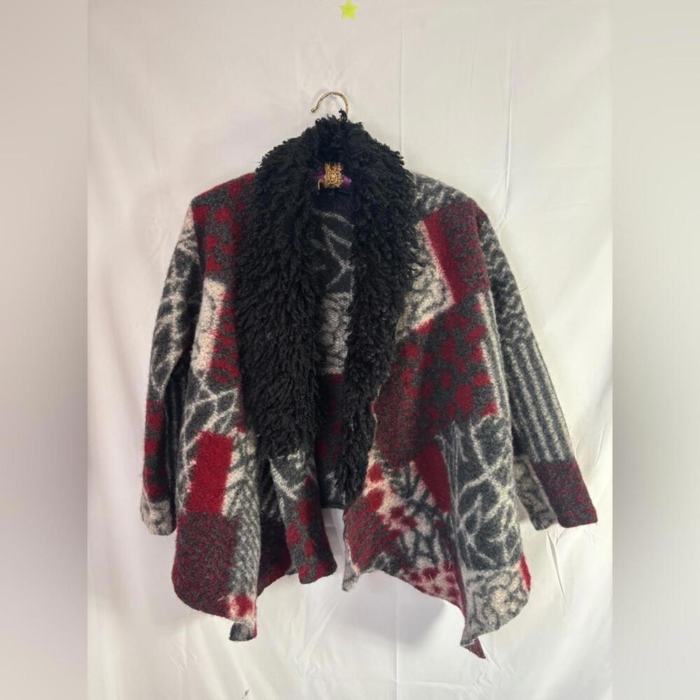 VTG Sak’s 5th Ave Boho Wool Blend Shaggy Collar Coat Cardigan Size M-L - Picture 9 of 10